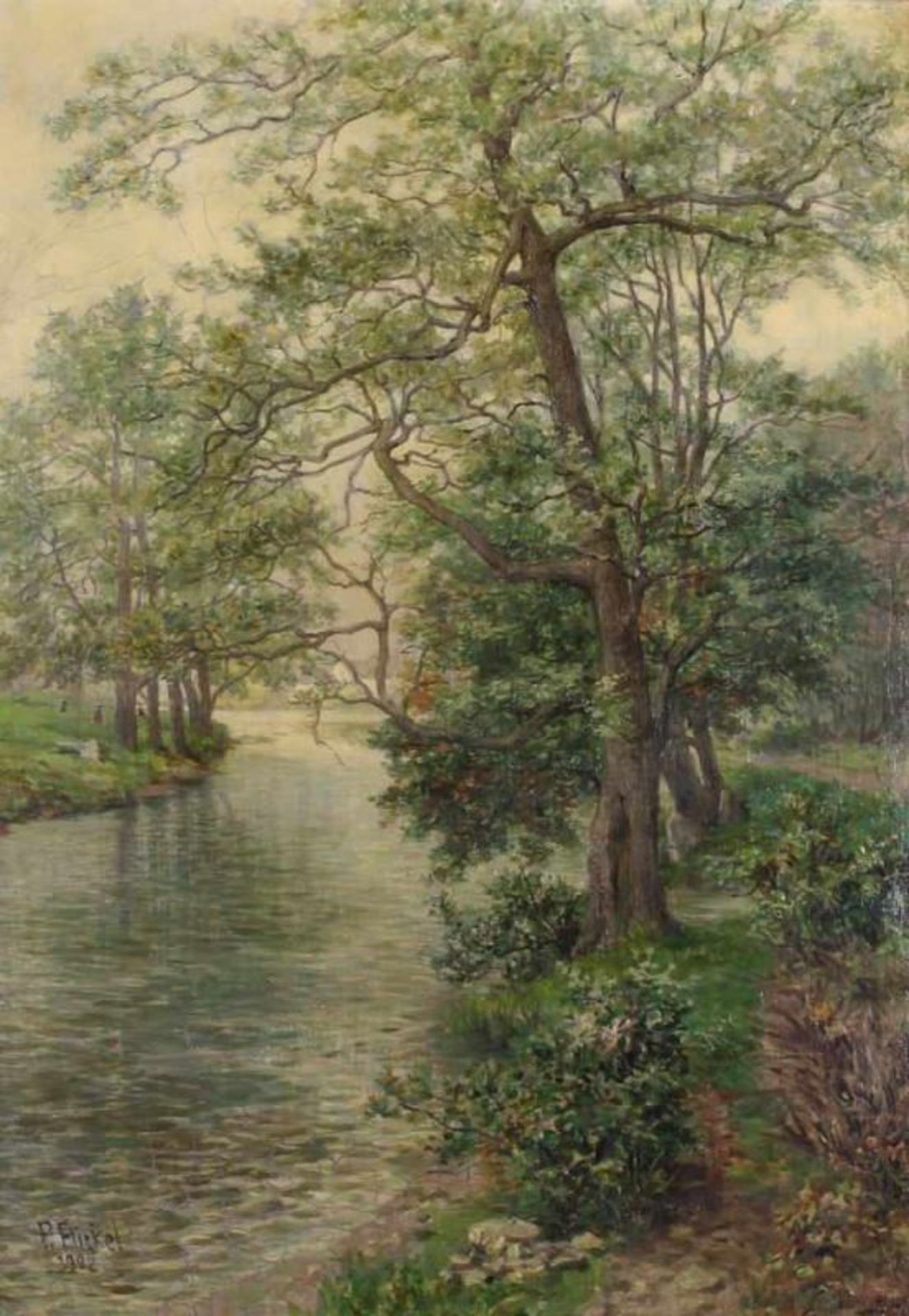 Flickel, Paul Franz (1852 Berlin - 1903 Nervi), wohl, "Am Bach", Öl auf Leinwand, signiert unten