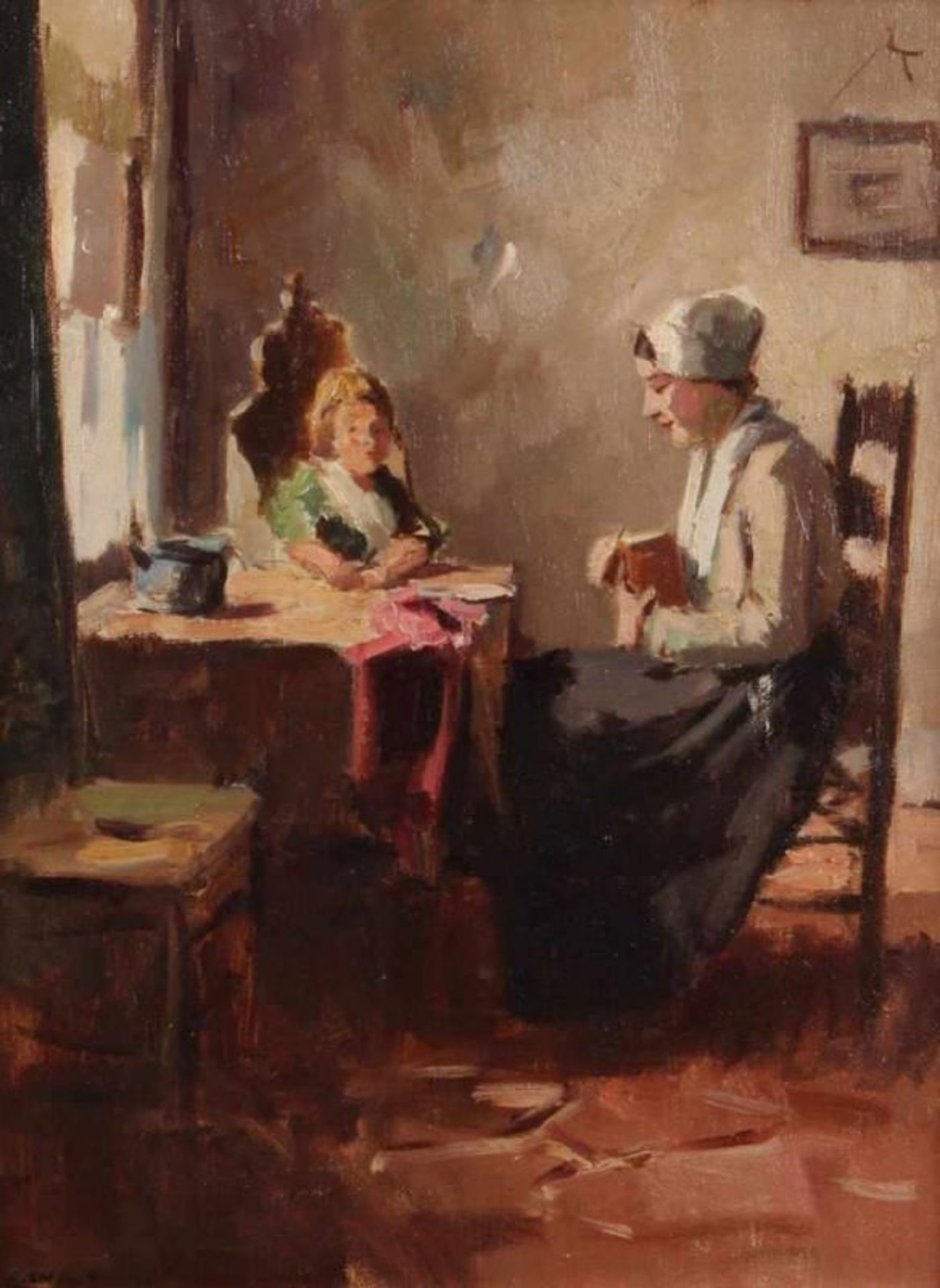 Ligtelijn, Evert Jan (1893 Amsterdam - 1954 ebda., Genremaler), "Mutter und Kind in der Stube", Öl