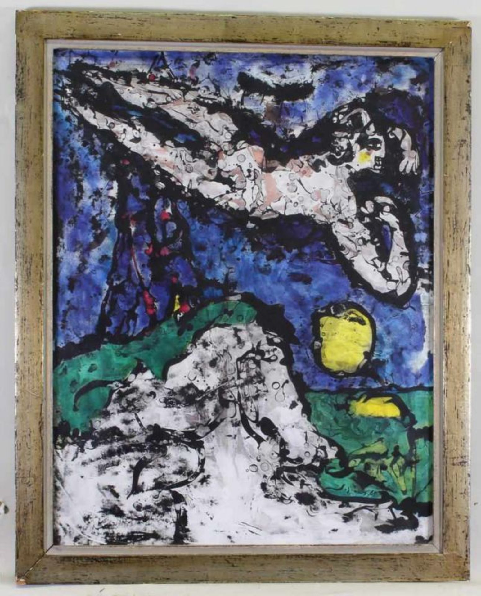 Gouache, "Der Flug", undeutlich signiert und datiert 65, 59 x 46 cm, unter Glas gerahmt 20.00 % - Image 2 of 3