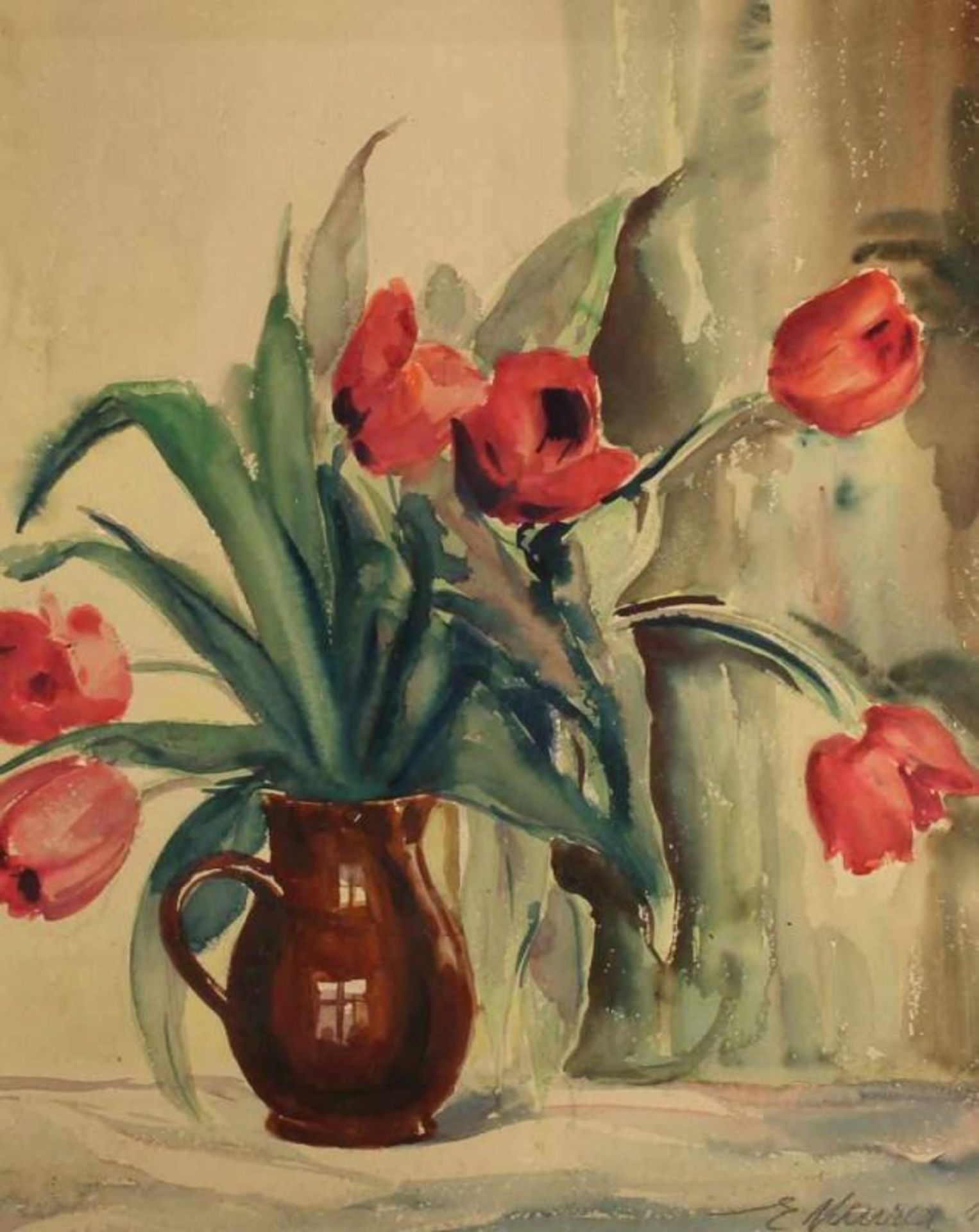 Meurer, Ernst (1884 Lahr - 1956 Bonn), Aquarell, "Stillleben mit roten Tulpen", signiert und datiert