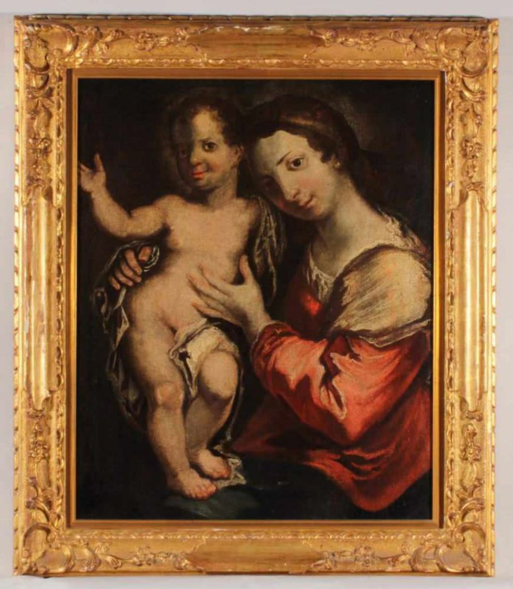 Süddeutsch (um 1700), "Muttergottes mit Kind", Öl auf Leinwand, doubliert, 59 x 48 cm, stark - Image 2 of 3