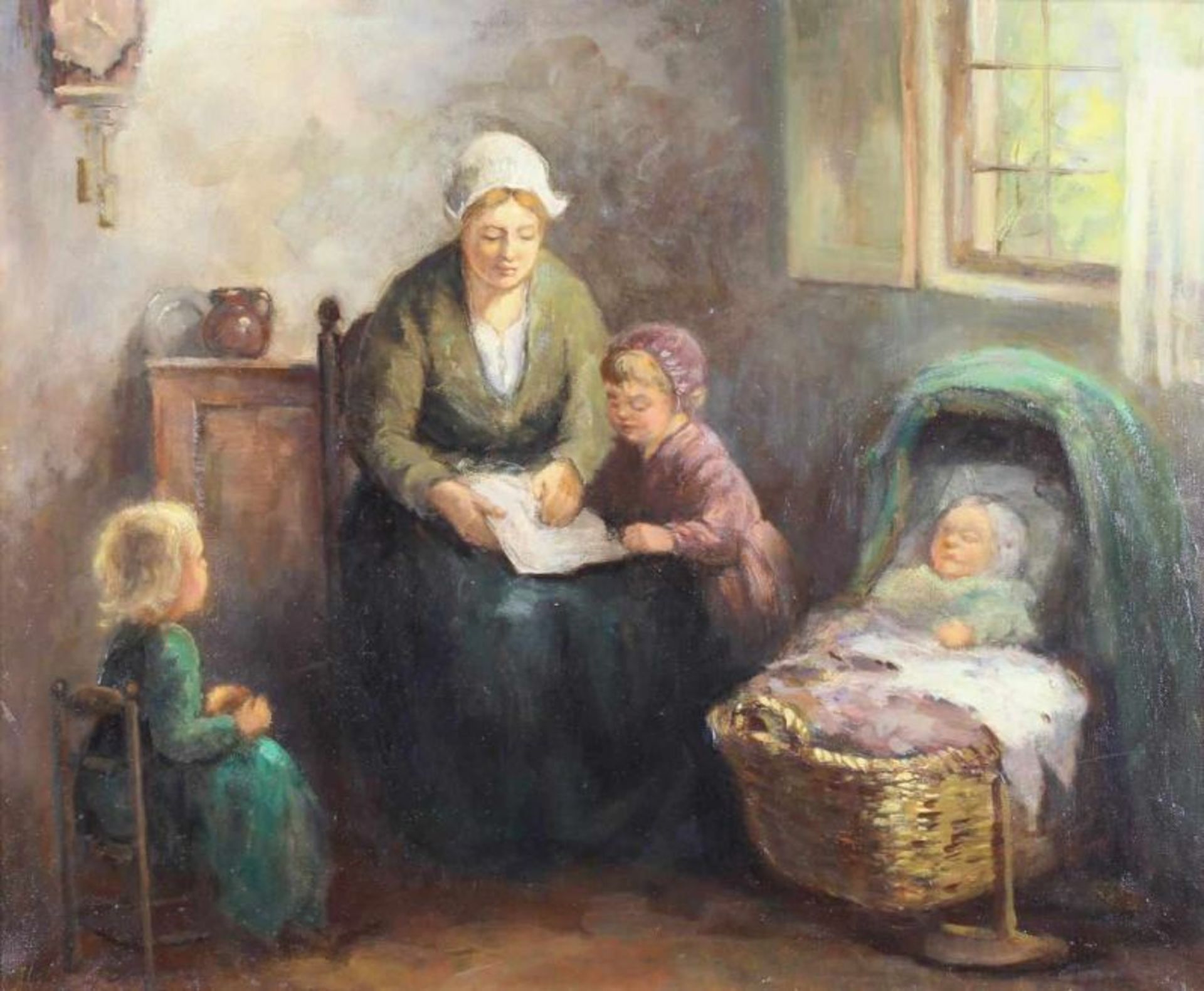 Bouter, Cornelis Wouter (1888 Gouda - 1966 Den Haag), wohl, "Mutter mit Kindern in der Stube", Öl