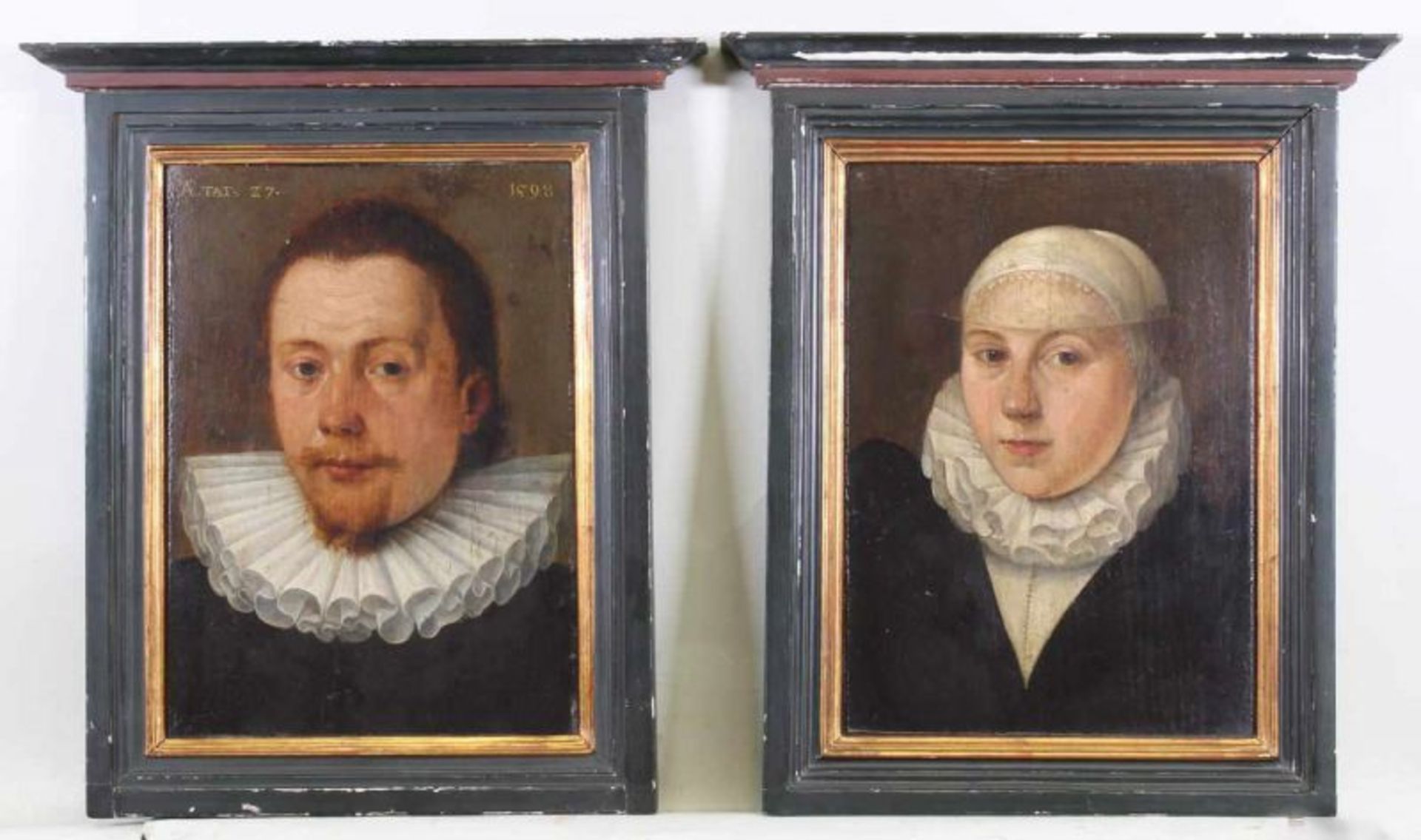 Antwerpener Maler (um 1600), Pendants, "Bildnis eines Mannes", "Bildnis einer Frau", Öl auf Holz,