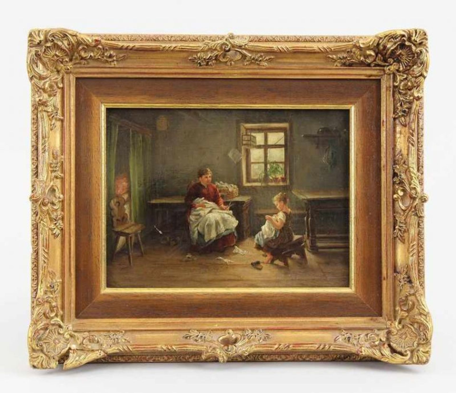 Acker, A. (Deutscher Maler des 19. Jhd.) Gemälde, Öl auf Holz, Interieur mit Mutter und Tochter