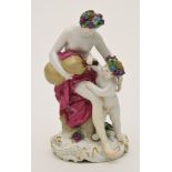 Figurine, Bacchantin mit Putto auf einem Baumstumpf, Blaue Szeptermarke KPM Berlin, rote Malermarke,