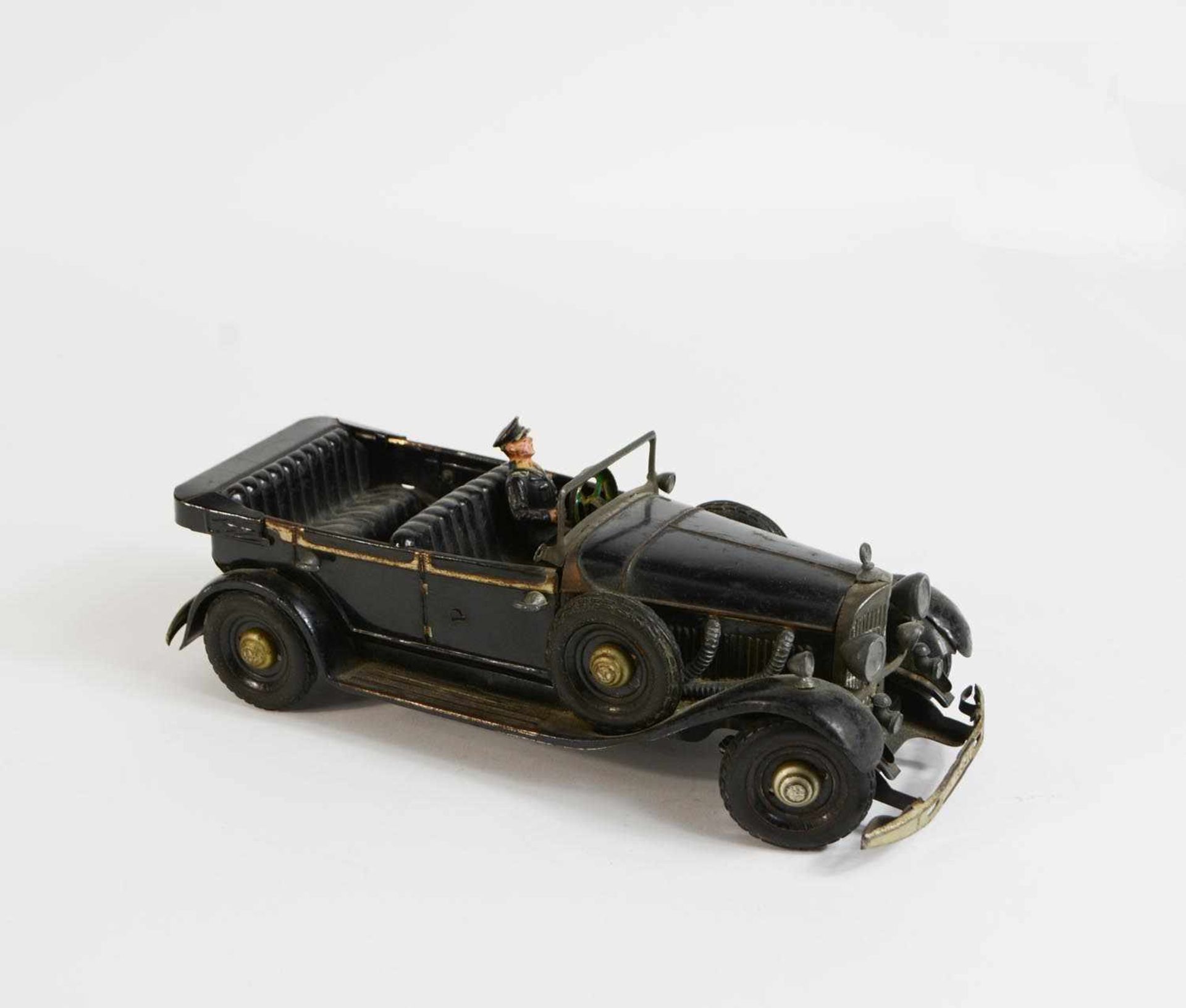 TippCo-FührerwagenCabrio-Modellauto, Mercedes-Benz, 1930er Jahre, schwarz lackiertes Stahlblech,