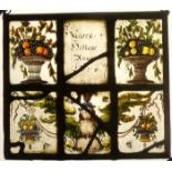 GLASMALEREI / Fensterbild des 17. Jh. / glass painting; sechs Felder, dekoriert mit Fruchtkörben und
