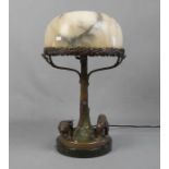 FIGÜRLICHE LAMPE: "Löwenpaar unter einem Baum" / lamp with lions, um 1900. Bronze auf Marmorstand,