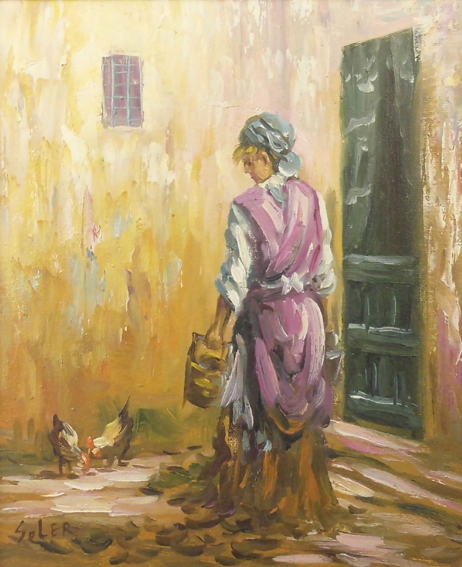 SOLER, JUAN (Juan de la Cruz Soler, geb. 1951 in Madrid), Gemälde / painting: "Frau mit Hühnern", Öl