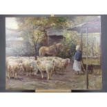 GEMÄLDE / painting: "Gehöft mit Landfrau, Schafherde und Pferd", Öl auf Leinwand / oil on canvas, u.