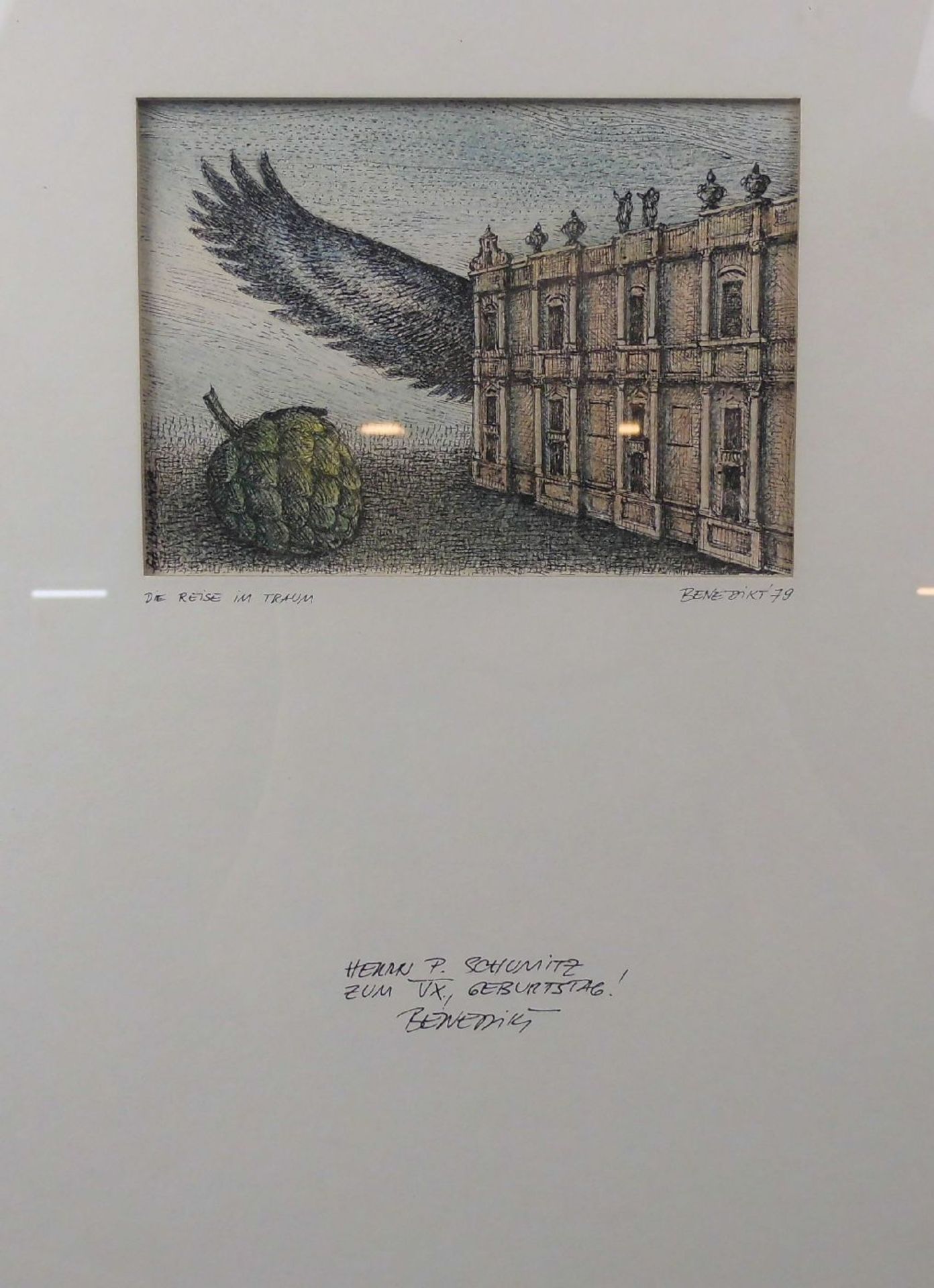 BENEDIKT (20. Jh.), Farbradierung / etching: "Die Reise im Traum" / Schlossfassade mit Flügel und