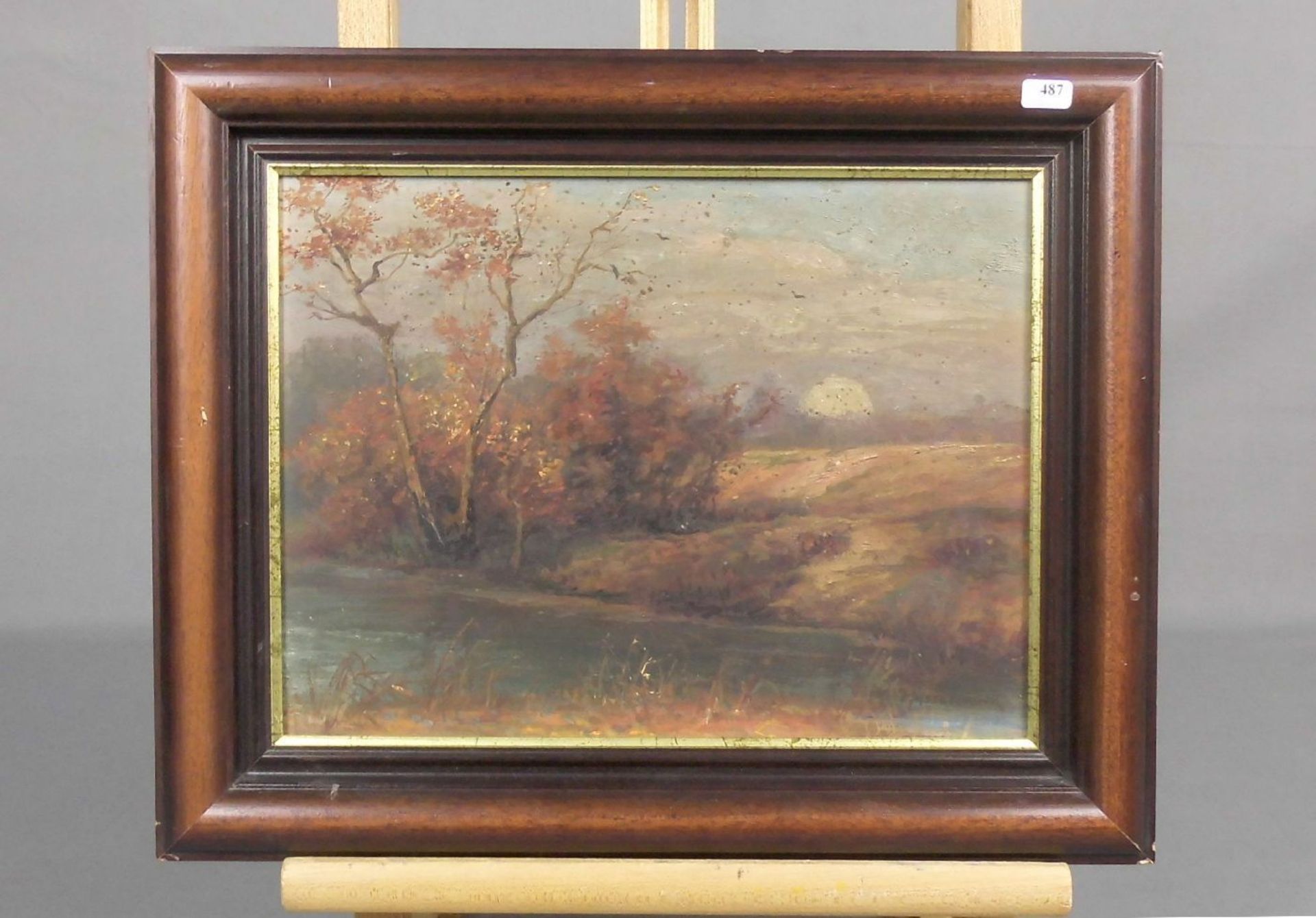 GEMÄLDE / painting: "Herbstlandschaft mit Gewässer", Öl auf Hartfaserplatte / oil on hardboard, u.