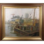 GEMÄLDE / painting: "Industriehafen", Öl auf Hartfaserplatte / oil on hardboard, u. l. unleserlich