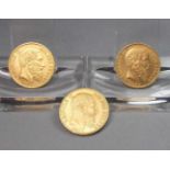 3 GOLDMÜNZEN: "Leopold II von Belgien, 20 Francs", 900er Gold; zweimal von 1875 und einmal von 1882;