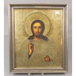 IKONE "Christus im Segensgestus" / icon, 19. Jh., Tempera auf Kreidegrund und Holz, gerahmt im reich