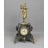 FIGÜRLICHE KAMINUHR / fire place clock, um 1900; Marmor und bronzierter Zinkspritzguss. Postament