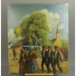 GEMÄLDE / painting: "Osteuropäisches Dorffest", Öl auf Leinwand / oil on canvas, u. r. unleserlich