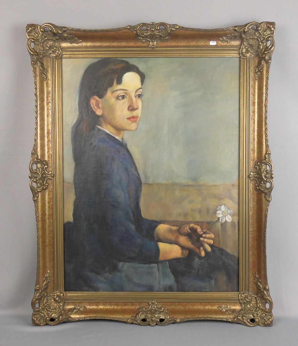 GEMÄLDE / painting: "Bildnis eines Mädchens mit Blume", Öl auf Leinwand auf Hartfaserplatte / oil on