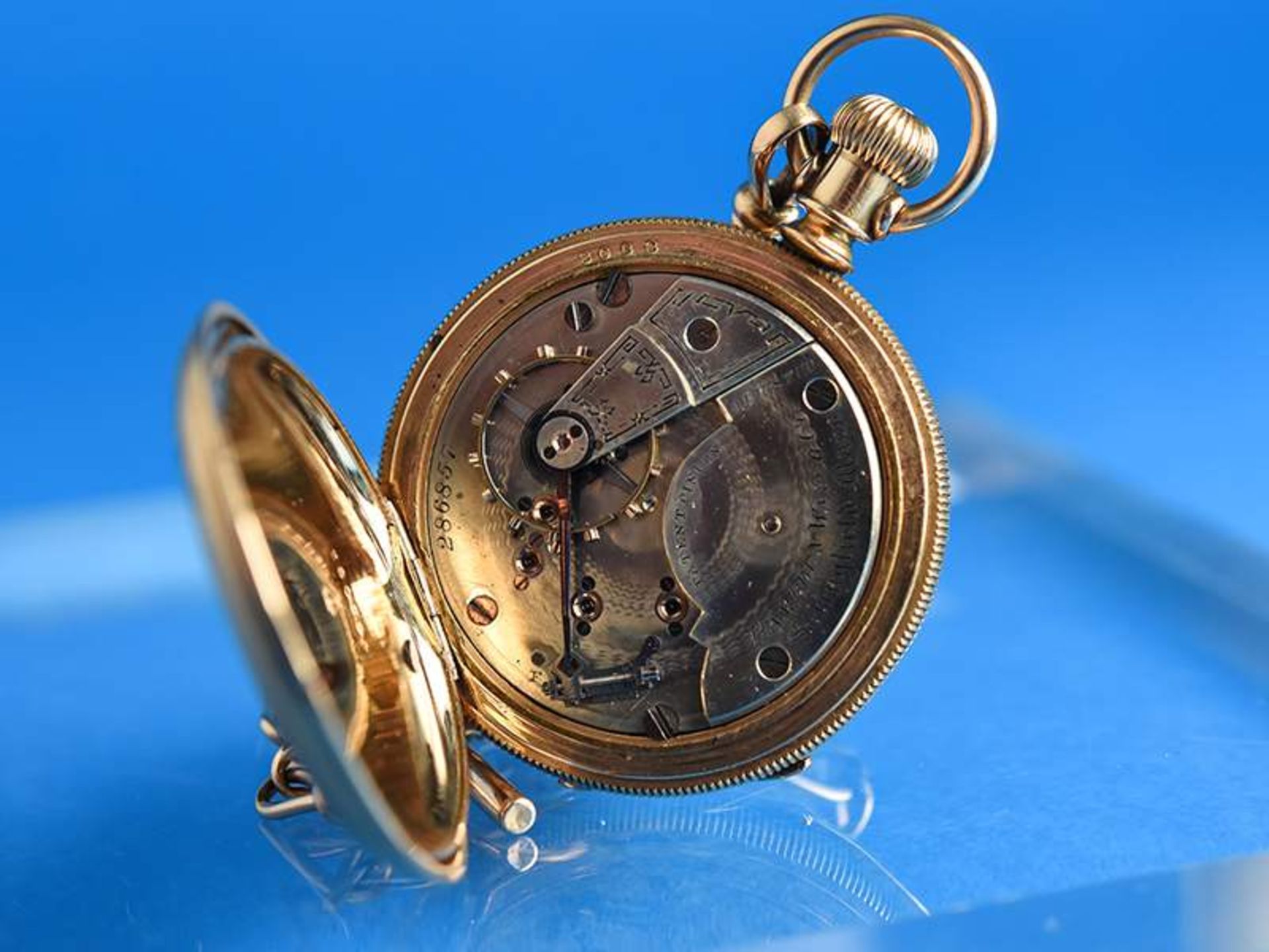 Eisenbahner Taschenuhr mit Uhrenkette, bez. "Hampden Watch Co.", ca. 1900 Doublé. Gesamtgewicht - Image 7 of 16