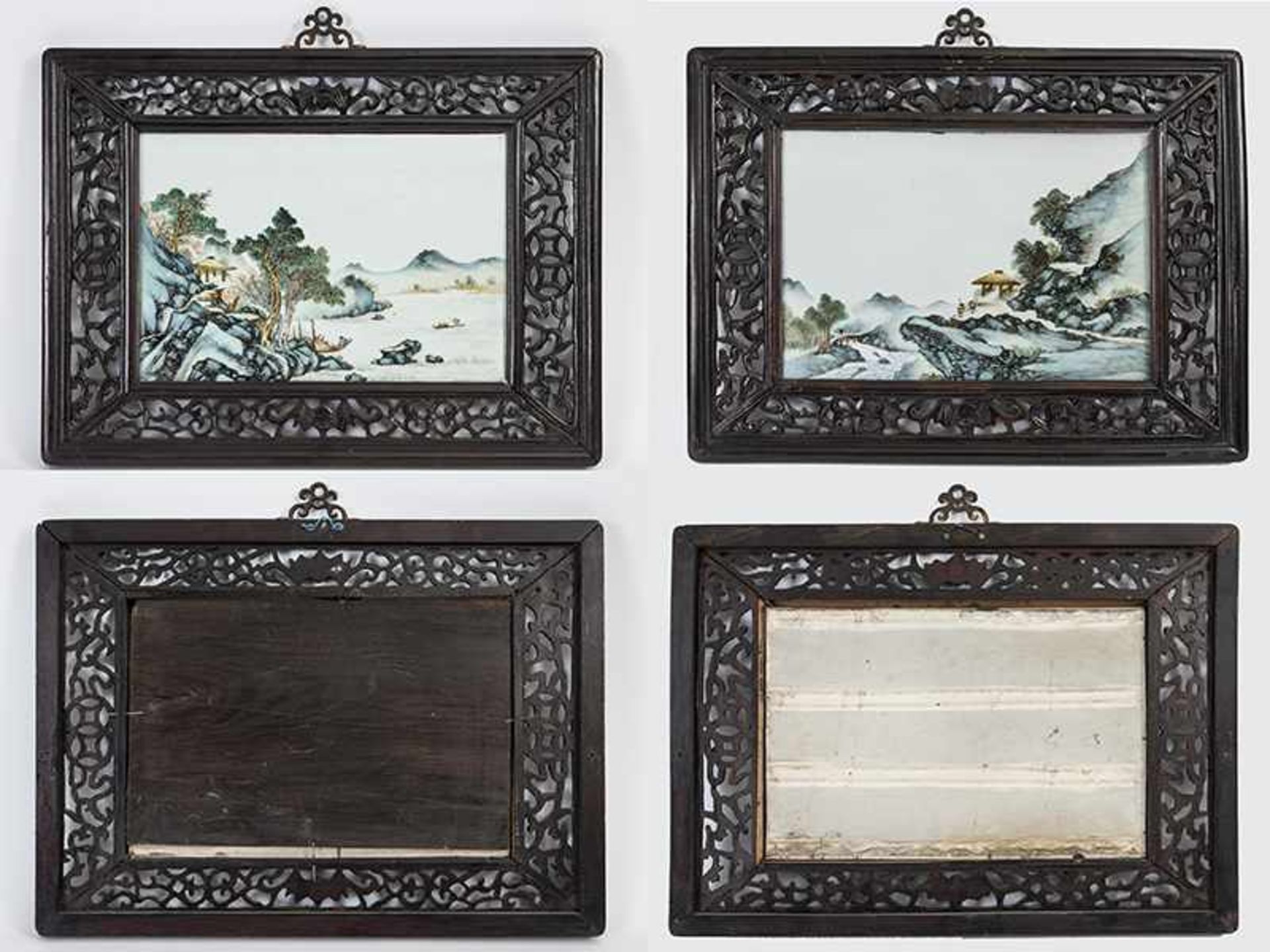 Paar gerahmte Landschafts-Bildtafeln, China, 20. Jh. Porzellan mit polychromen chinesischen