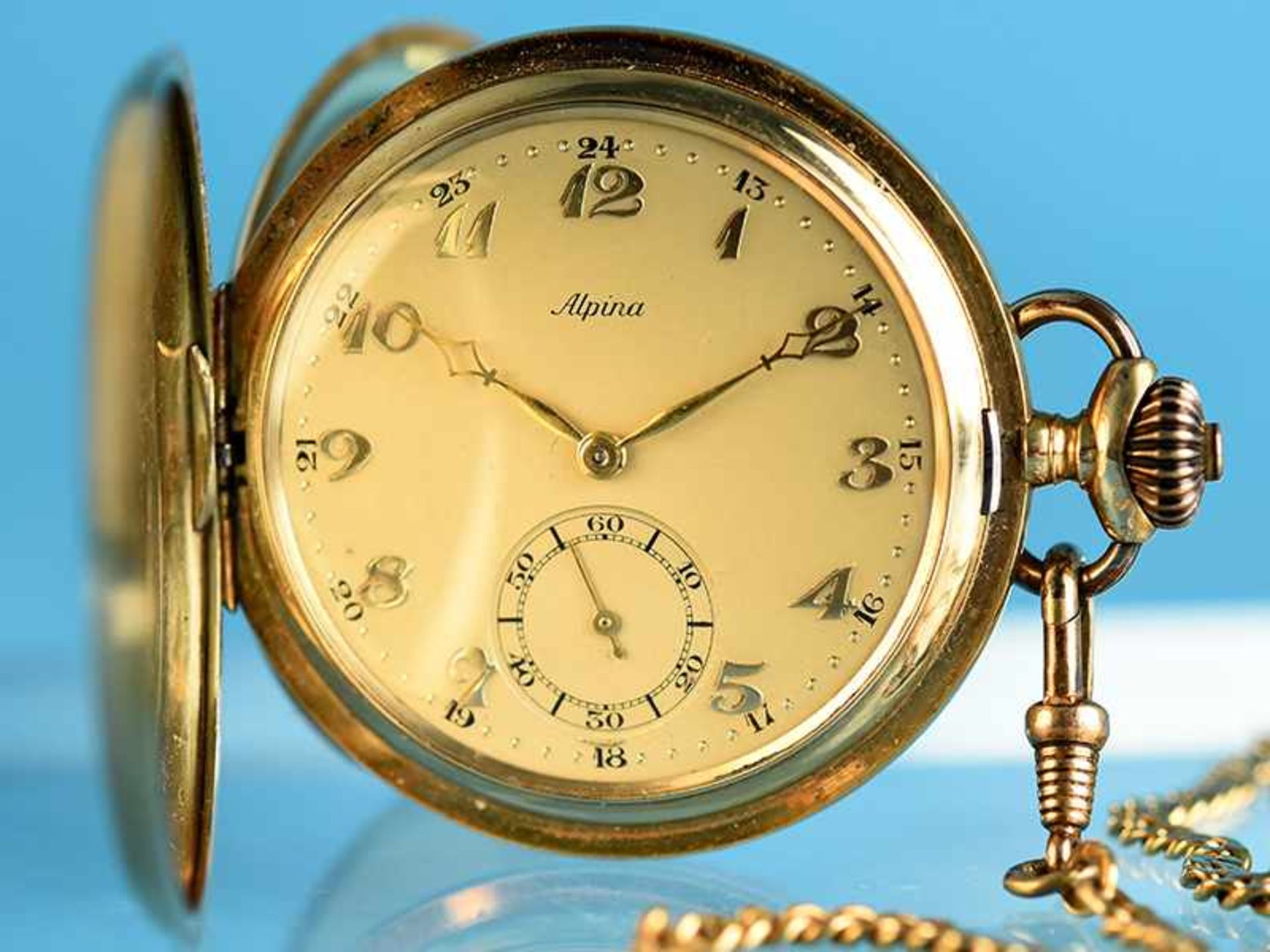 Savonnette-Taschenuhr, bezeichnet Alpina & Uhrenkette, 20. Jh. 1.) Taschenuhr: 585/- Gelbgold. - Image 6 of 6