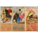3 Stierkampfplakate, aus dem Jahr 1957, mit Künstler-Illustrationen u.a. von J. Reus (?) und Ruano