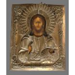 Christus Pantokrator Ikone mit Metalloklad. Russland, 20. Jh. Holztafel, Tempera auf