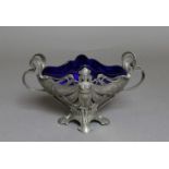 Zinn-Jardiniere WMF Jugendstil Zinnschale mit Kobaltblauem Glaseinsatz, Blüten-Form, sogn. Zinn-