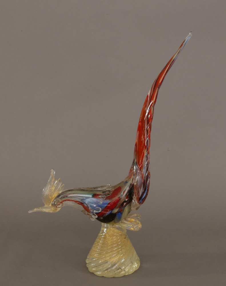 Murano-Glasfigur Hahn, vermutl. von Ferro Toso Barovier, buntes Glas, partiell mit