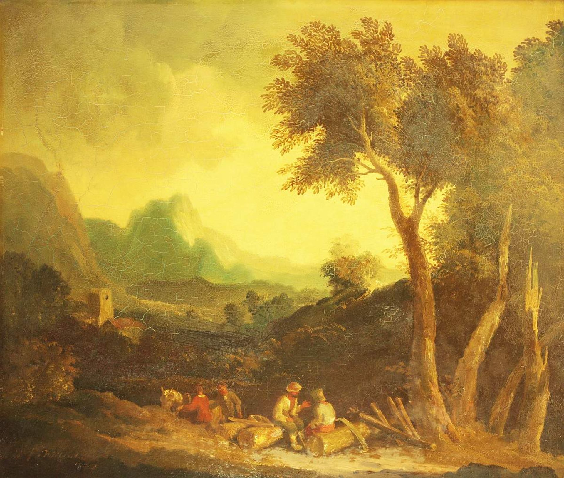 Maler im 19. Jahrhundert. Maler im 19. Jahrhundert. Holzfäller mit Pferdefuhrwerk bei der Rast im - Bild 2 aus 5