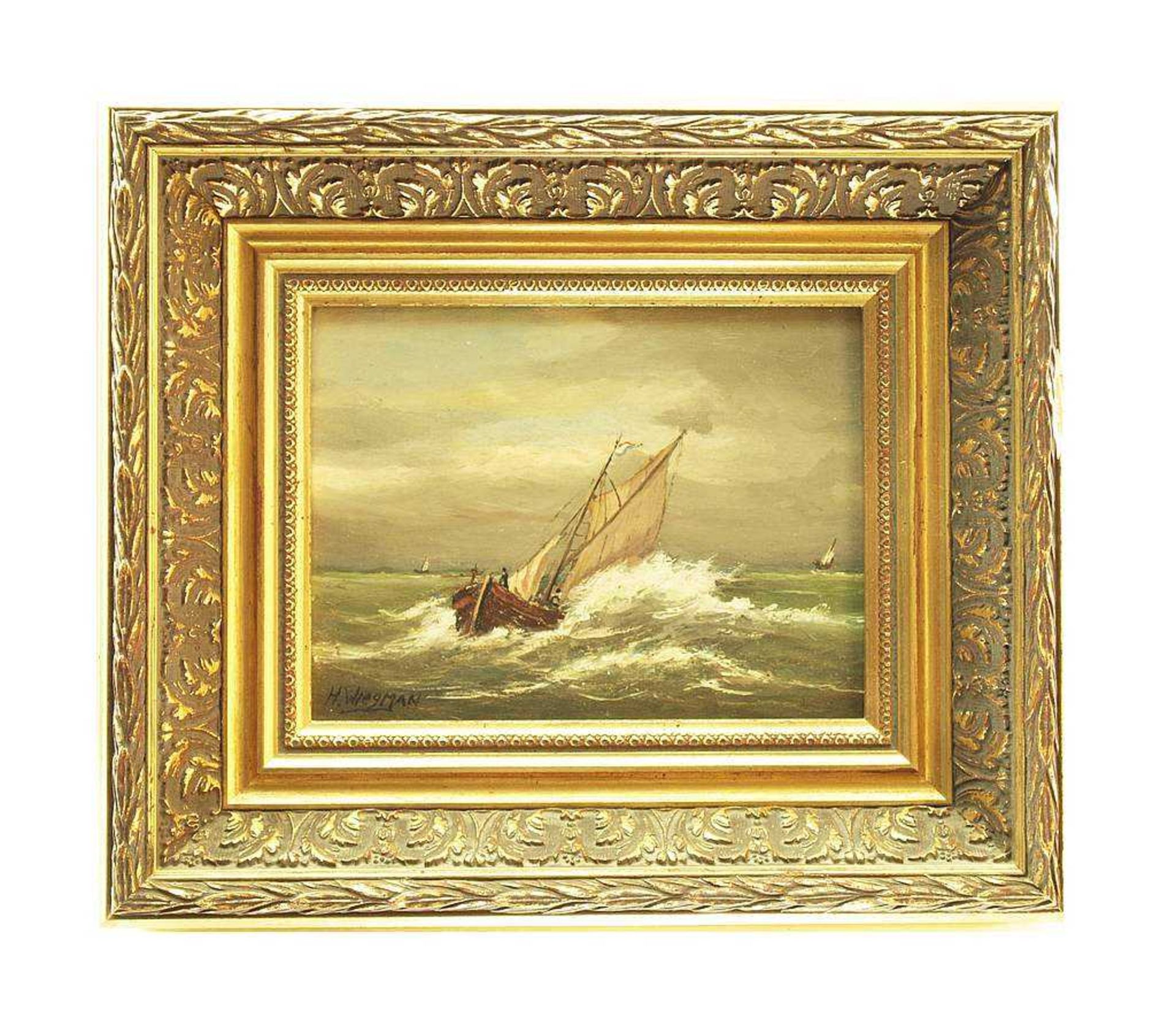 WIEGMANN, H. WIEGMANN, H. 20. Jahrhundert. Segelschiff auf stürmischer See. Öl auf Holz. links unten - Bild 3 aus 5