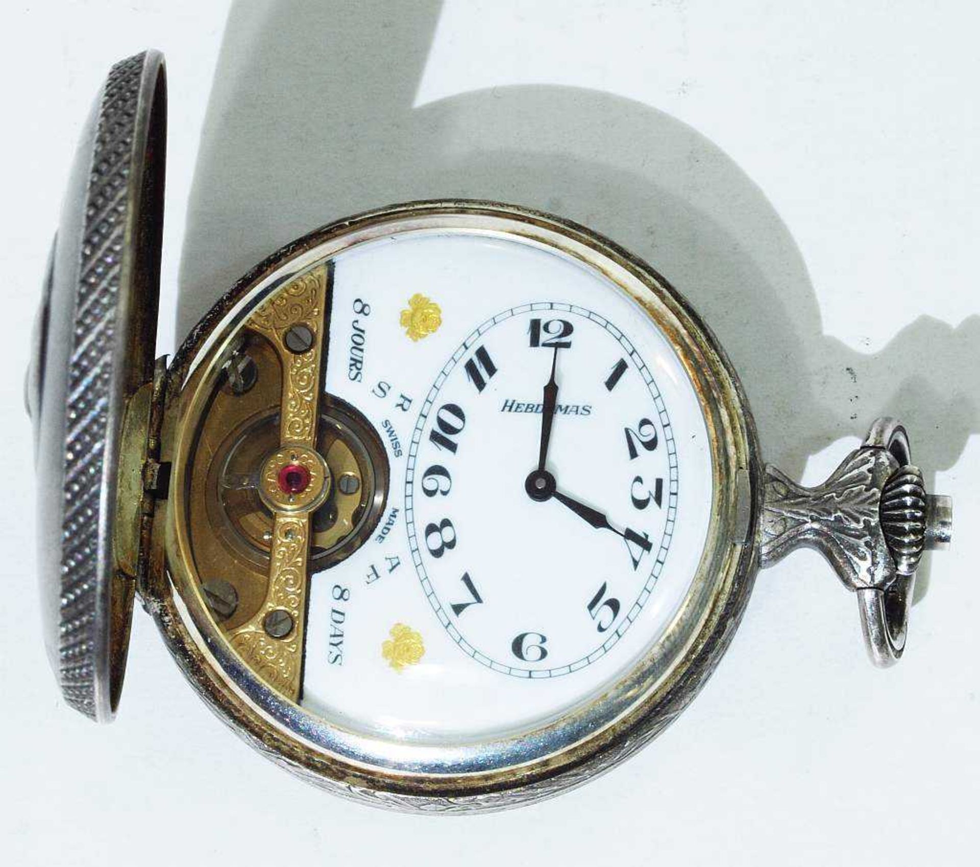 HEBDOMAS Sprungdeckel-Taschenuhr. HEBDOMAS Sprungdeckel-Taschenuhr, mit 8-Tage-Uhrwerk, Swiss - Bild 2 aus 7