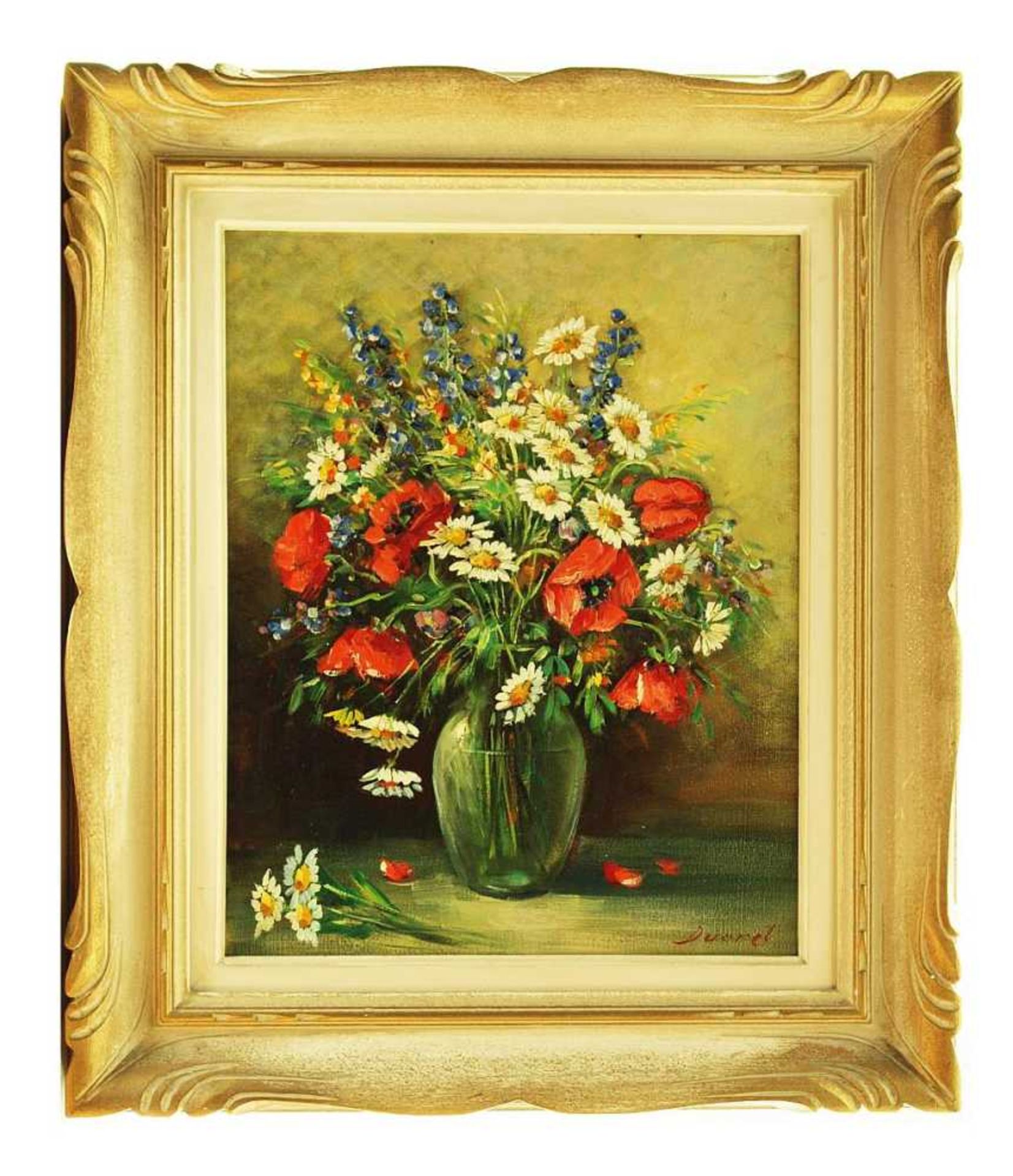 Sommerlicher Blumenstrauß in Glasvase. Sommerlicher Blumenstrauß in Glasvase. 20. Jahrhundert. Öl - Bild 3 aus 5