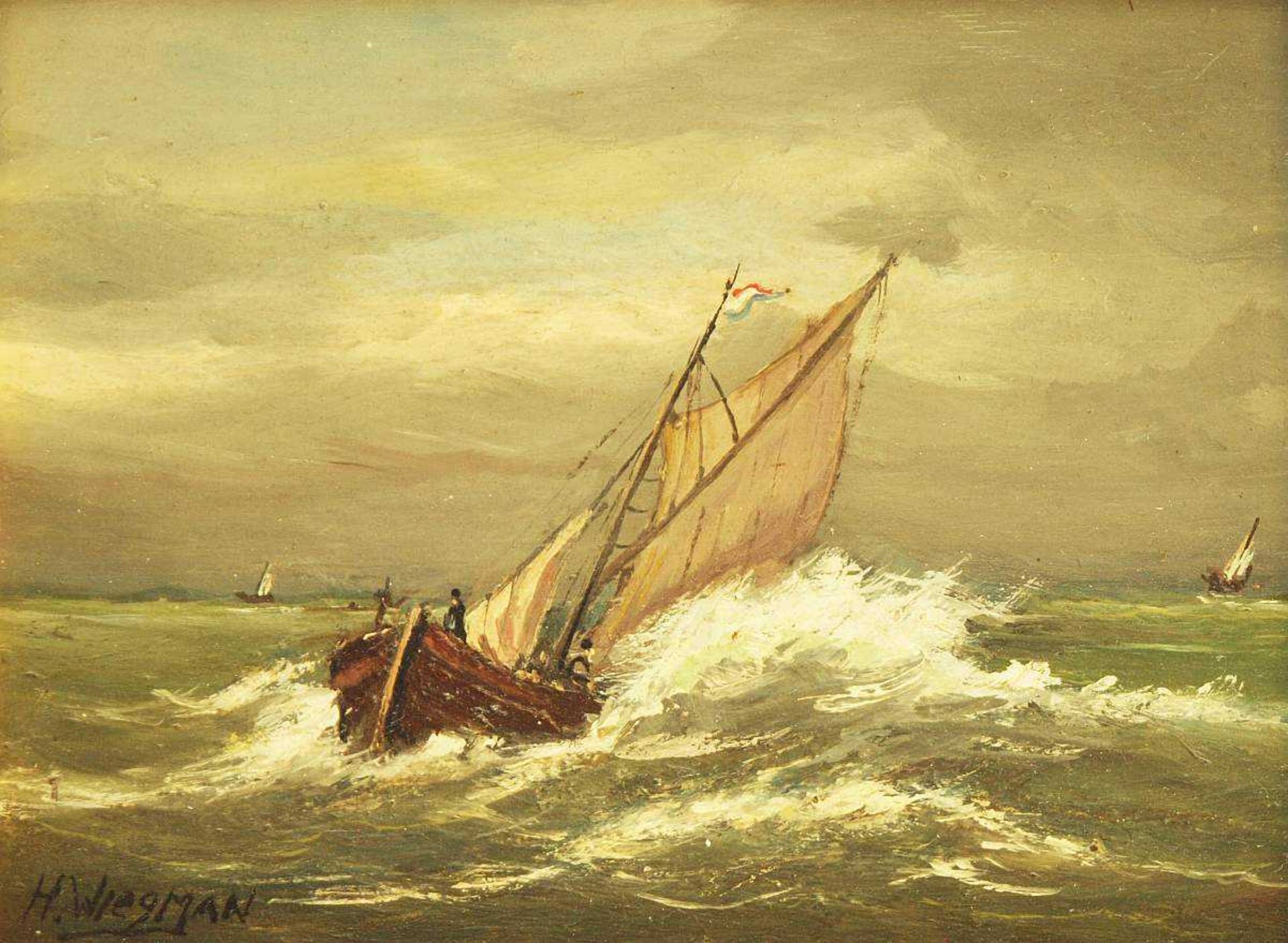 WIEGMANN, H. WIEGMANN, H. 20. Jahrhundert. Segelschiff auf stürmischer See. Öl auf Holz. links unten - Bild 2 aus 5