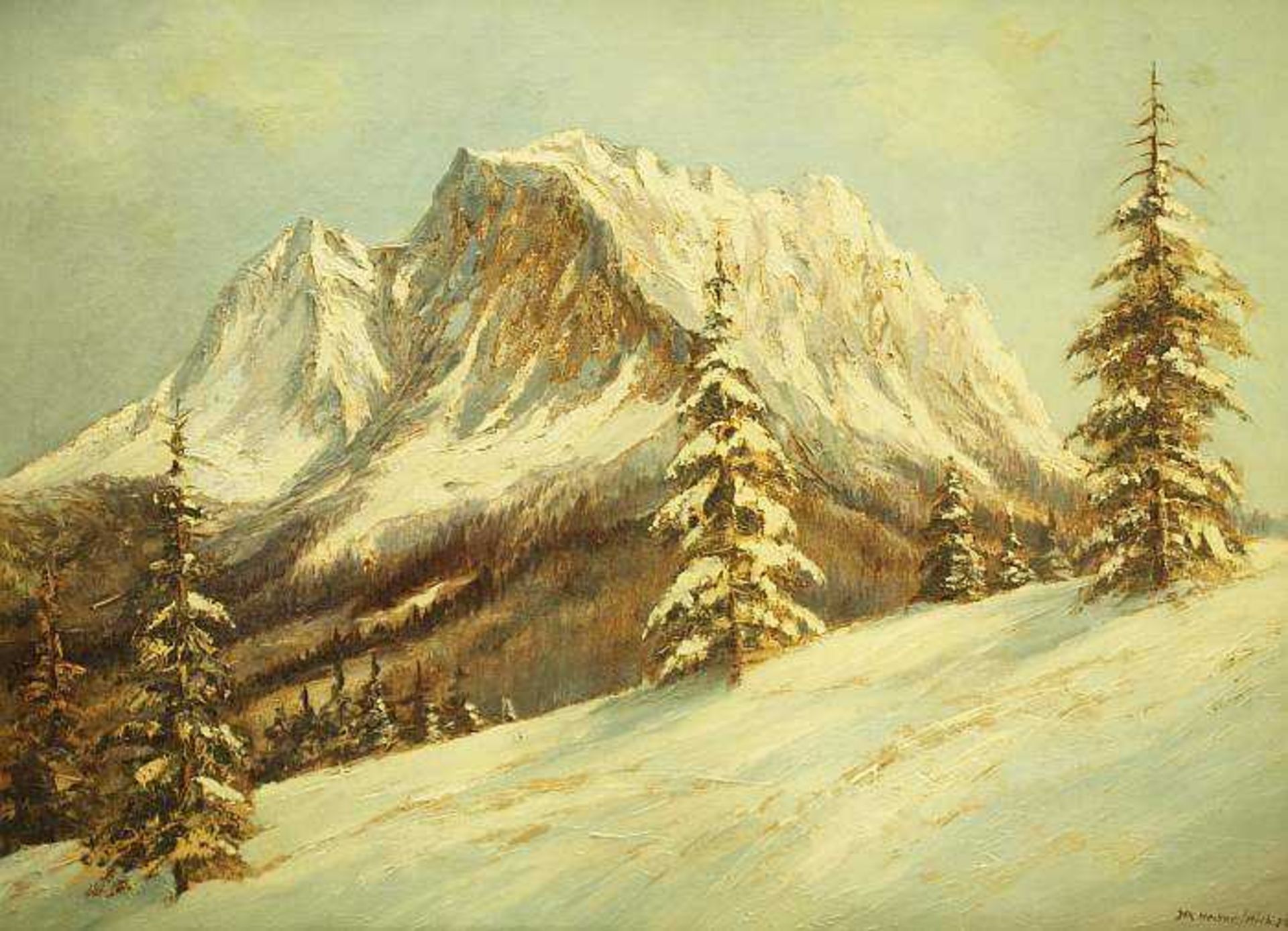 HECKER, Jakob. HECKER, Jakob. 20. Jahrhundert. Winterlicher Hochgebirgslandschaft mit Tannen. Öl auf