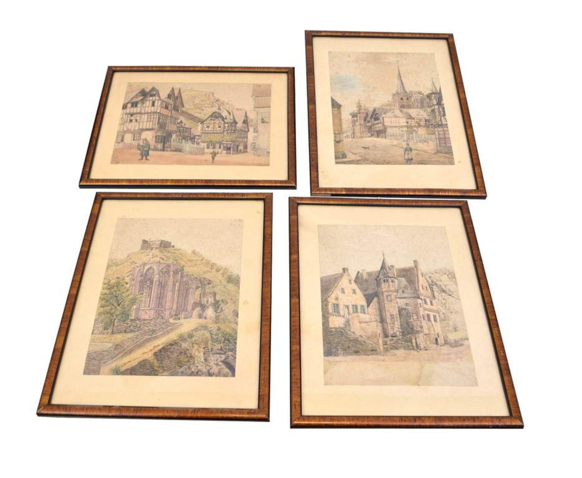 Vier Aquarelle Moselansichten, Wernerkapelle, Bacharach etc., im Rahmen, 29 X 38 cm, um 1900