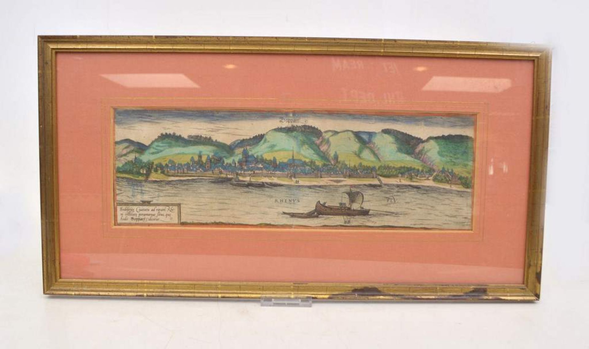 Kupferstich Ansicht von Boppard, mit Flusslauf und Booten, coloriert, im Goldrahmen, 31 X 60 cm, 18.