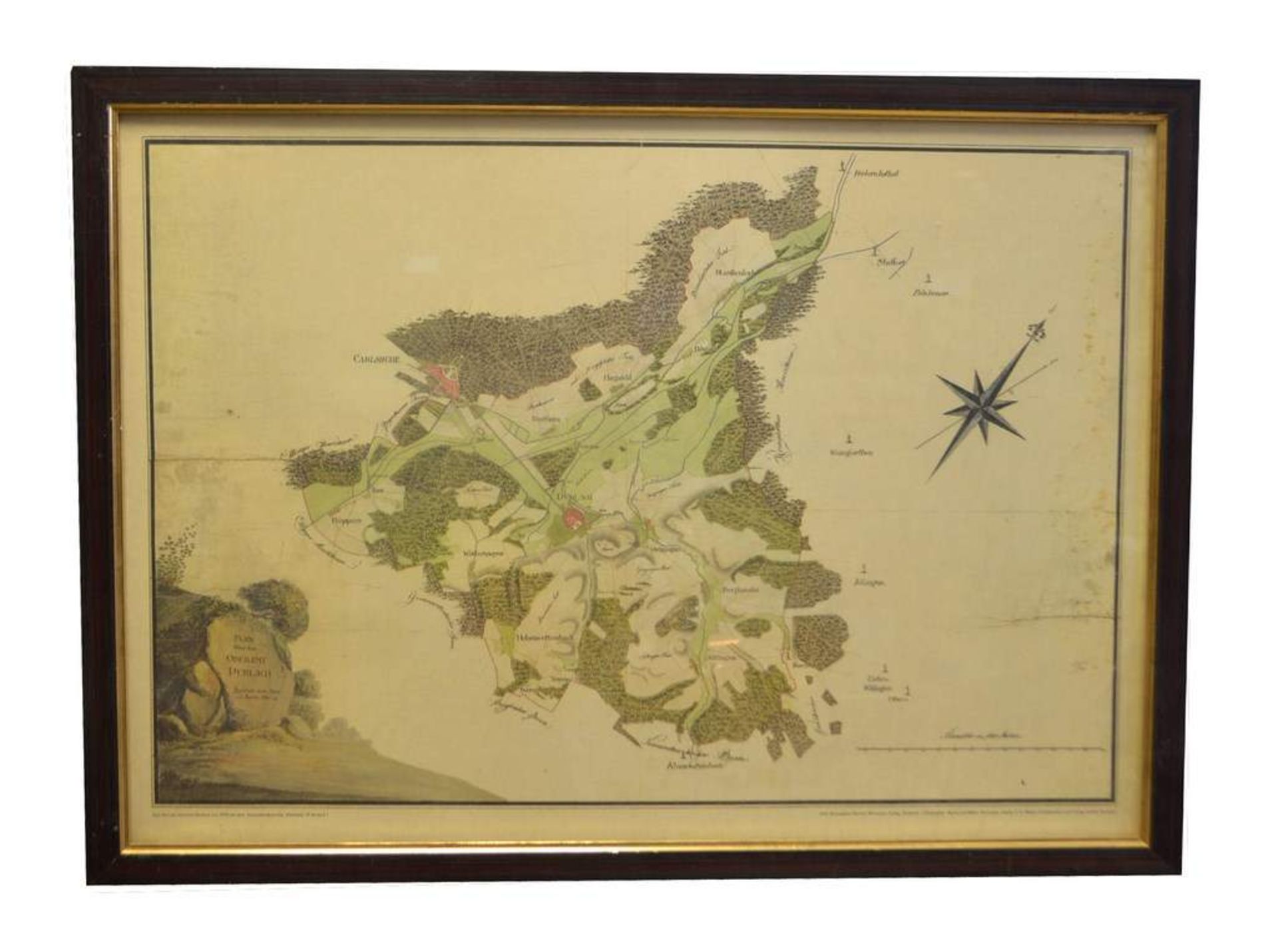 Lageplan Durlach und Umgebung, teilweise coloriert, im Rahmen, 54 X 74 cm, um 1900