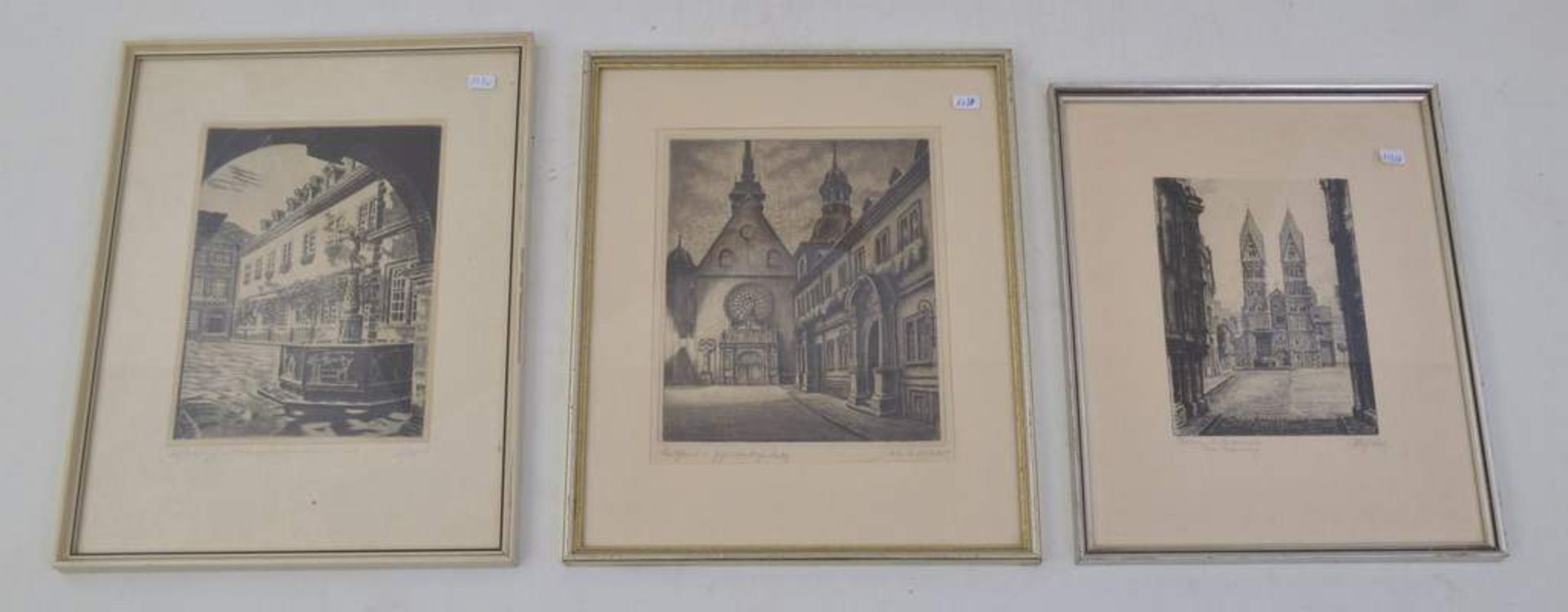 Drei Radierungen Ansicht der Liebfrauenkirche, des Jesuitenplatzes und des Schängelbrunnen in