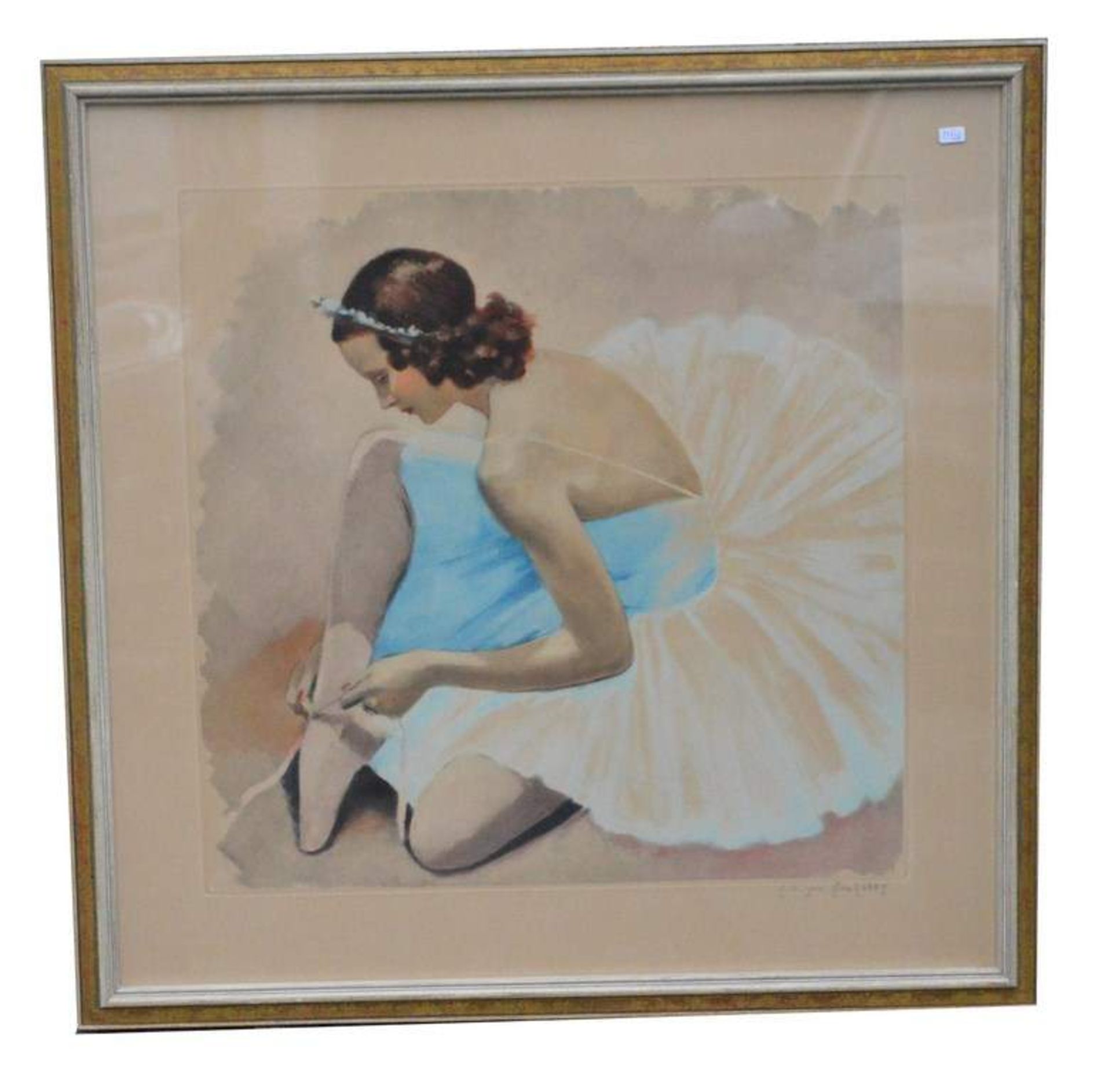 Mischtechnik Sitzende Tänzerin beim Schnüren der Ballettschuhe, sign. Jean Dominic van Caulaert (