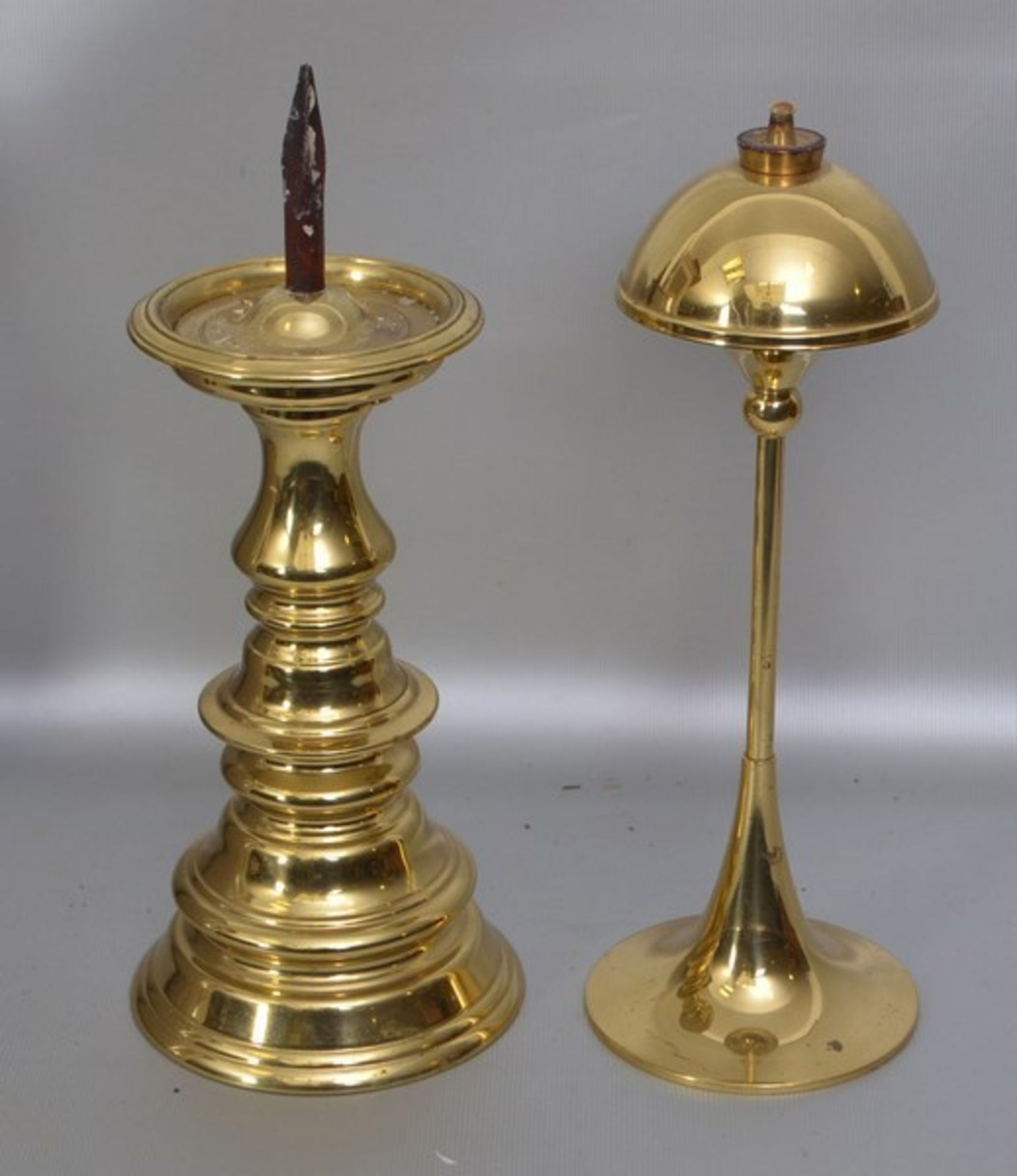 Öllampe und Kerzenleuchter Bronze, messingfarben, Leuchter 1-lichtig, H ca. 23 cm