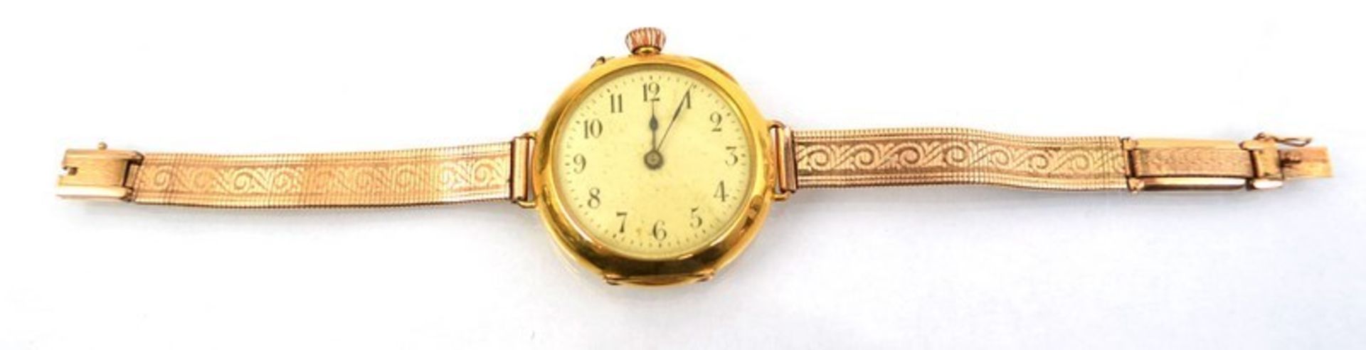 Damentaschenuhr umgebaut zur Armbanduhr, 14 kt. Gelbgold, mit Monogramm GS, Emailzifferblatt, um