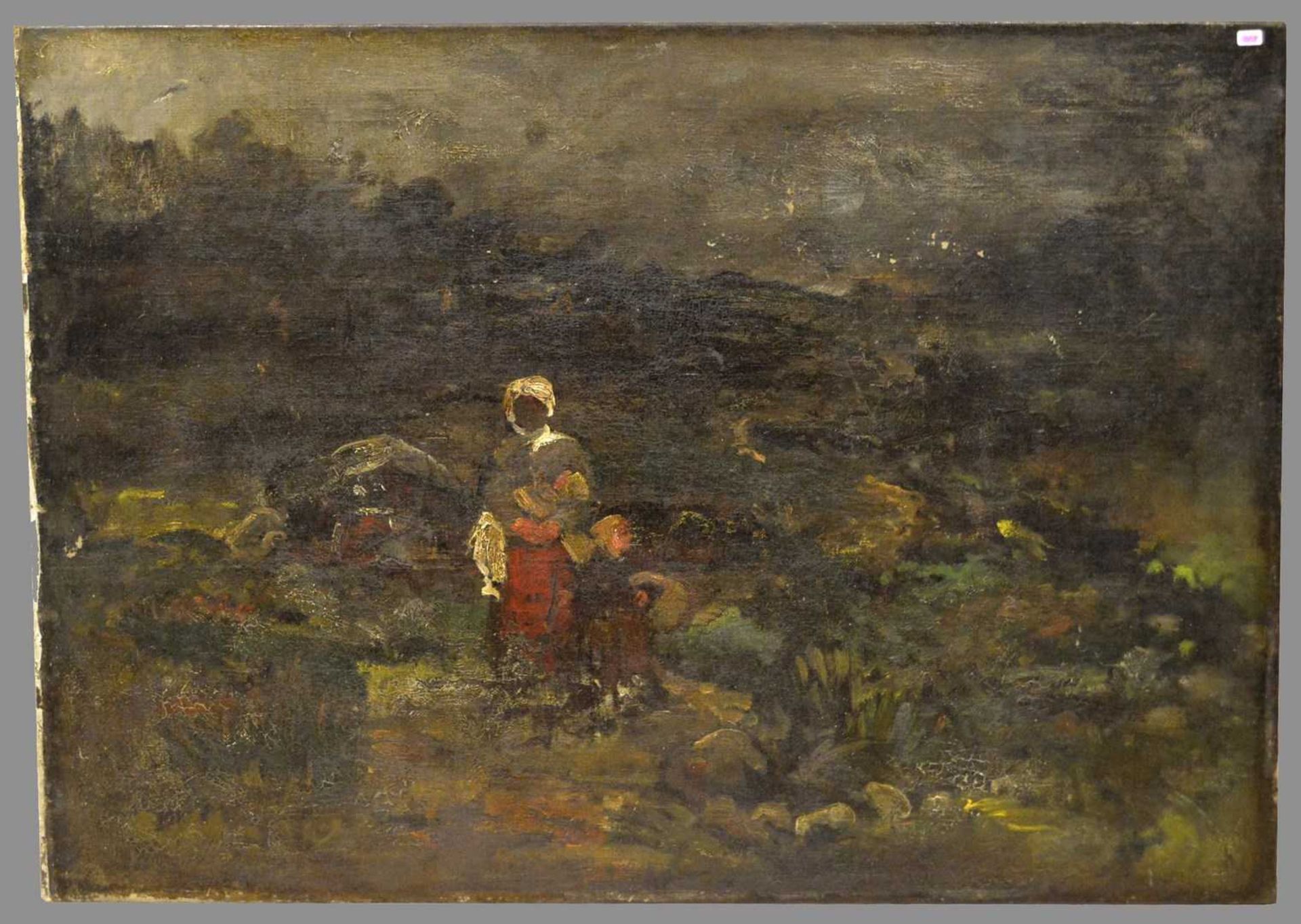Unbekannter Maler um 1800, heimkehrende Mutter mit Kind, Öl/Lwd., dubliert, 65 X 92 cm, ohne Rahmen