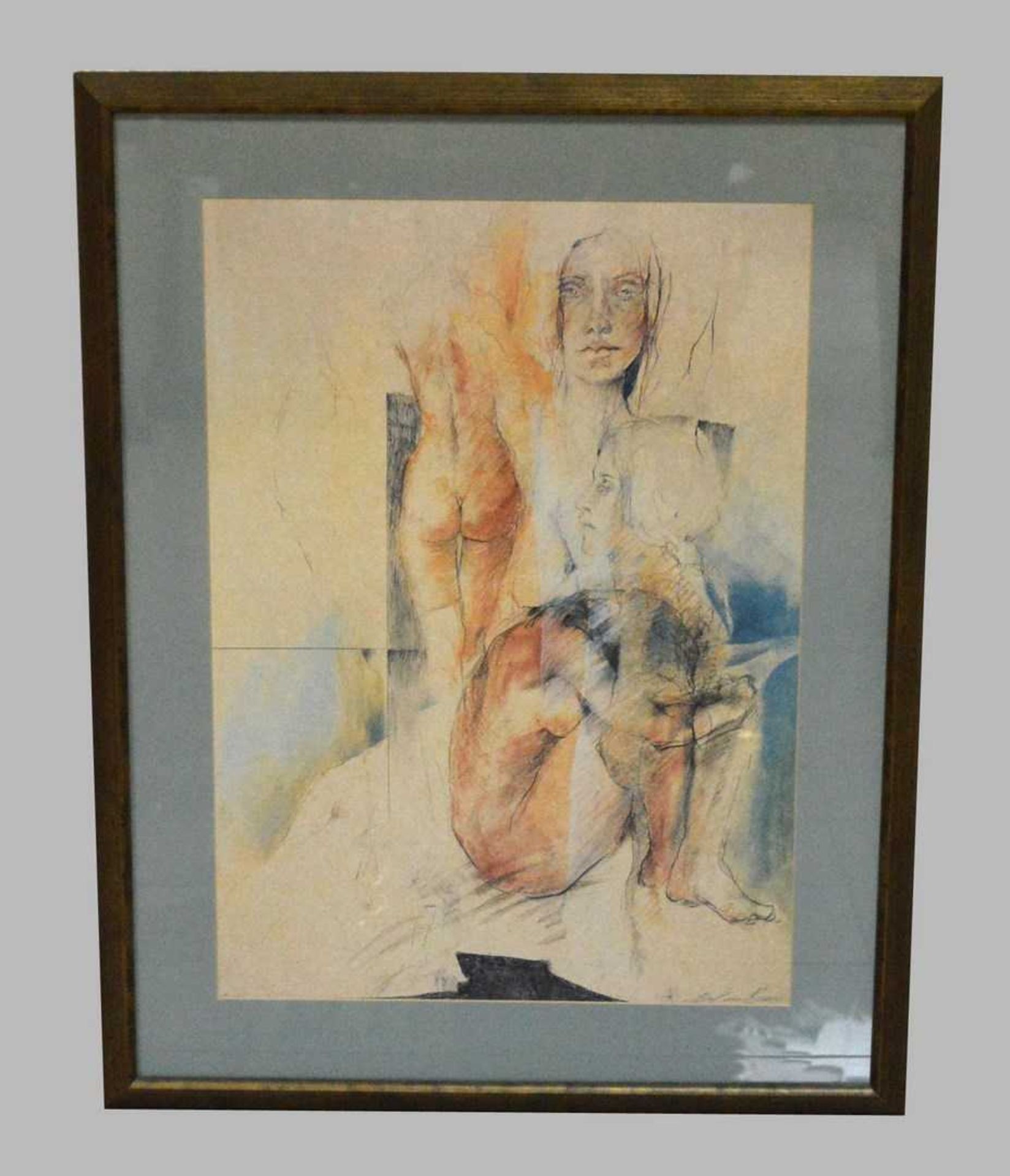 Lithographie weibliche Akte, sitzend und stehend, u.r. sign., im Goldrahmen, 70 X 89 cm