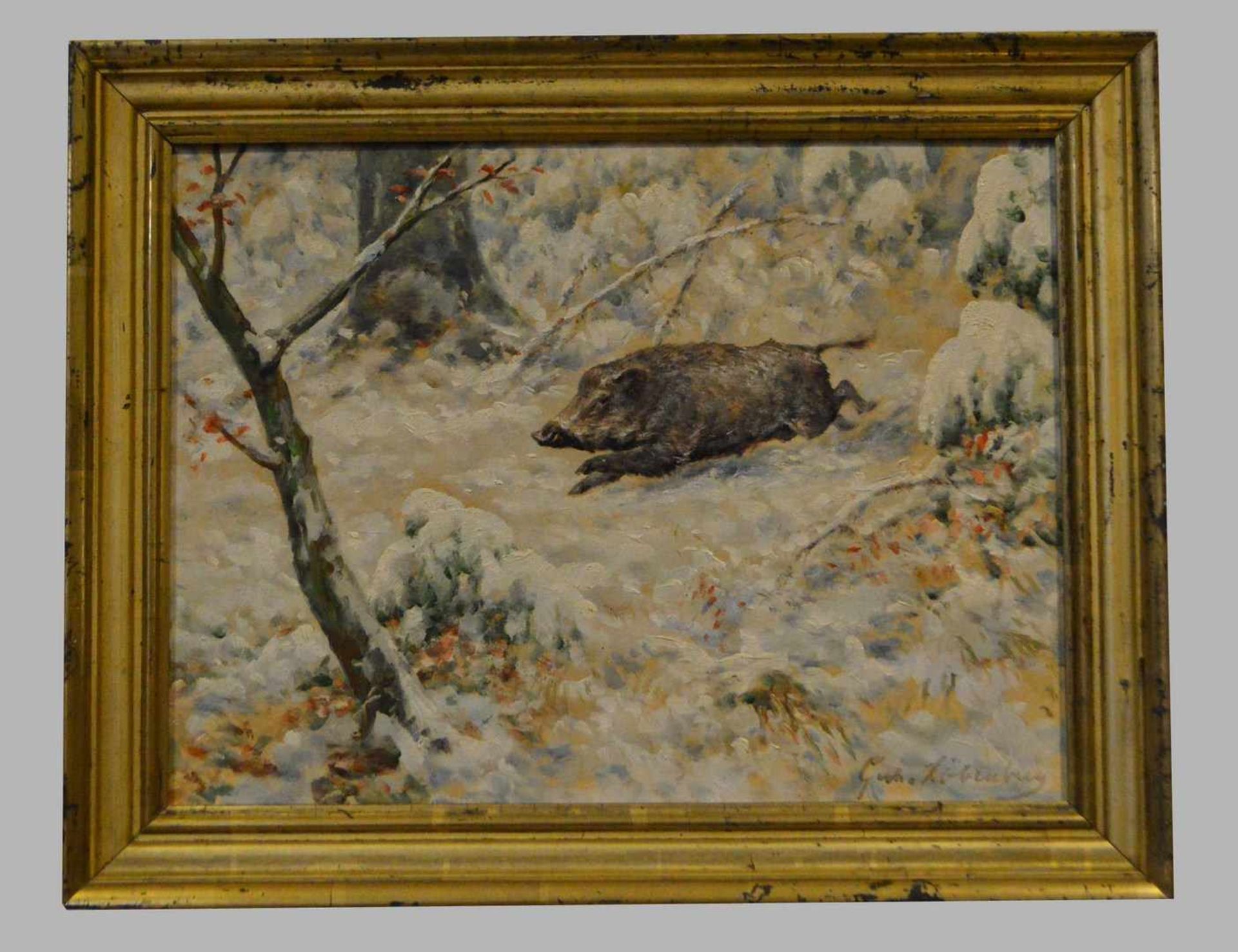 Unbekannter Maler 20. Jh., Wildschwein im Schnee, Öl/Malpappe, u.r.sign., 31 X 41 cm, Rahmen