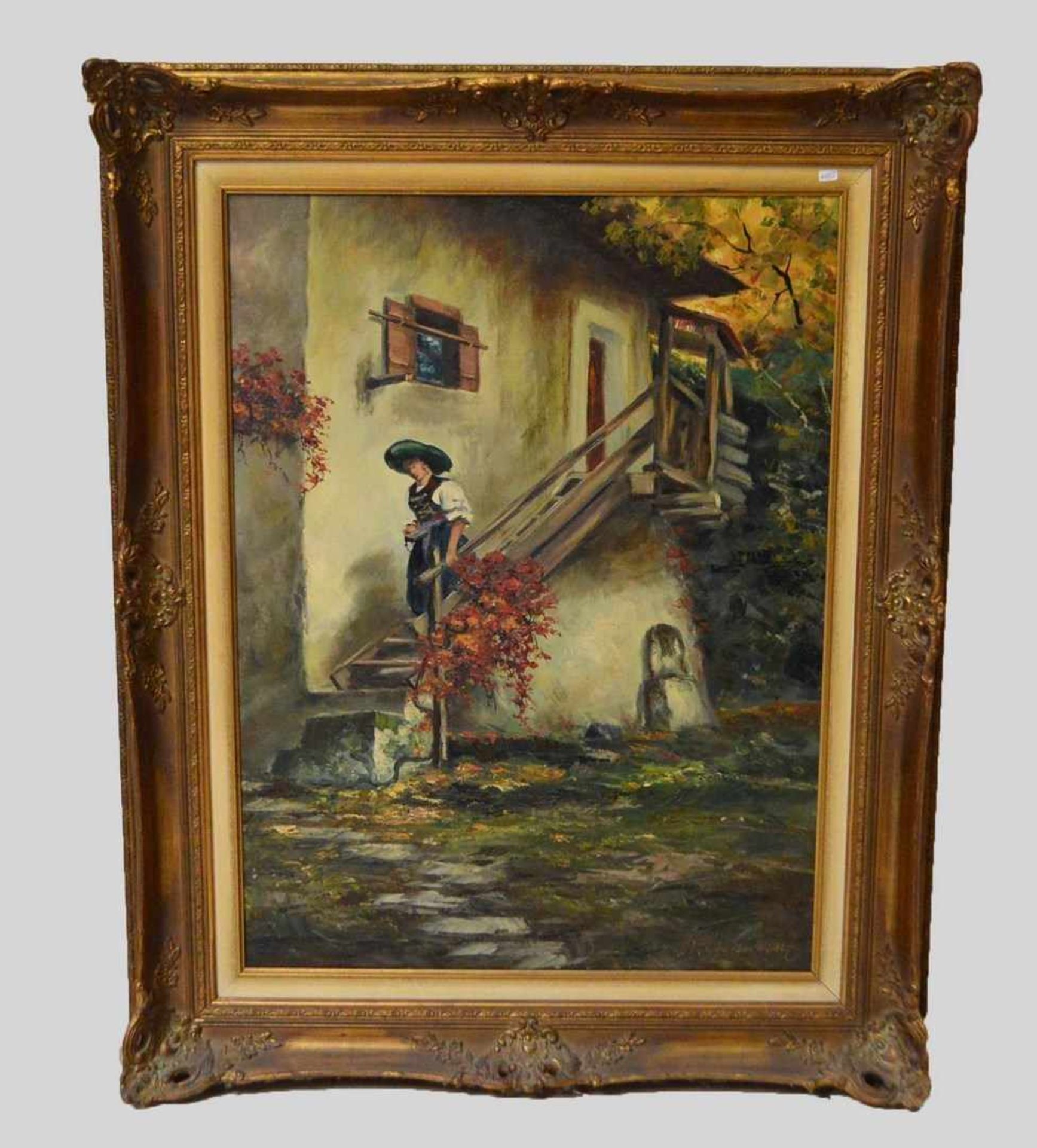 Unbekannter Maler 20. Jh., Mädchen in bayrischer Tracht auf Holztreppe, Öl/Lwd., u.r.sign., 60 X