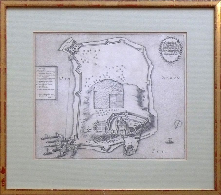 Insel Mainau (17.Jh.)im Dreißigjährigen Krieg, aus der Vogelperspektive von Osten; Darstellung der
