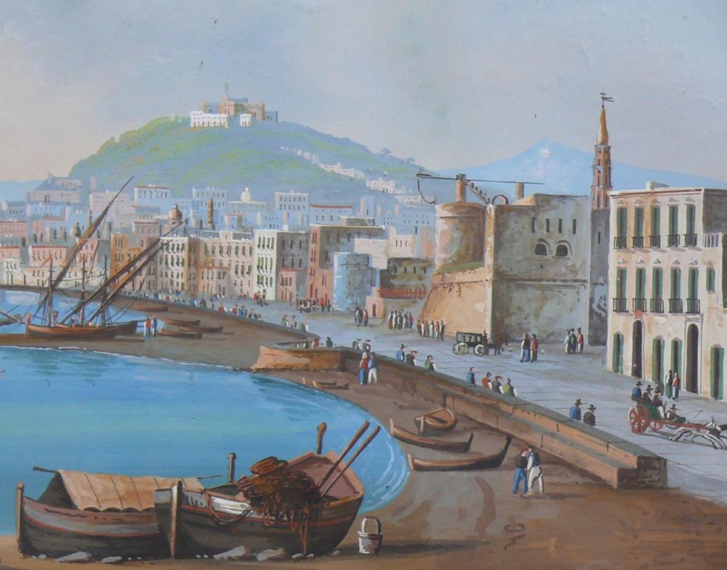 Italienischer Vedutenmaler (Anfg. 19.Jh.)"Napoli dal Carmina"; vielfigurige Szenerie am Hafen mit - Image 3 of 4
