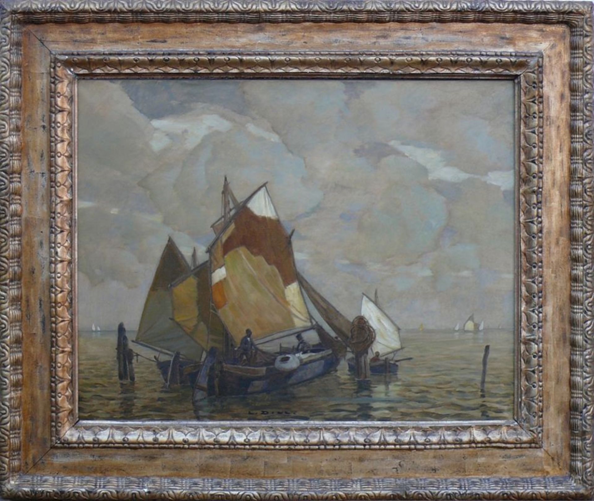 Dill, Ludwig (1848 Gernsbach - 1940 Karlsruhe)"Fischerboote in der Lagune von Venedig"; mit