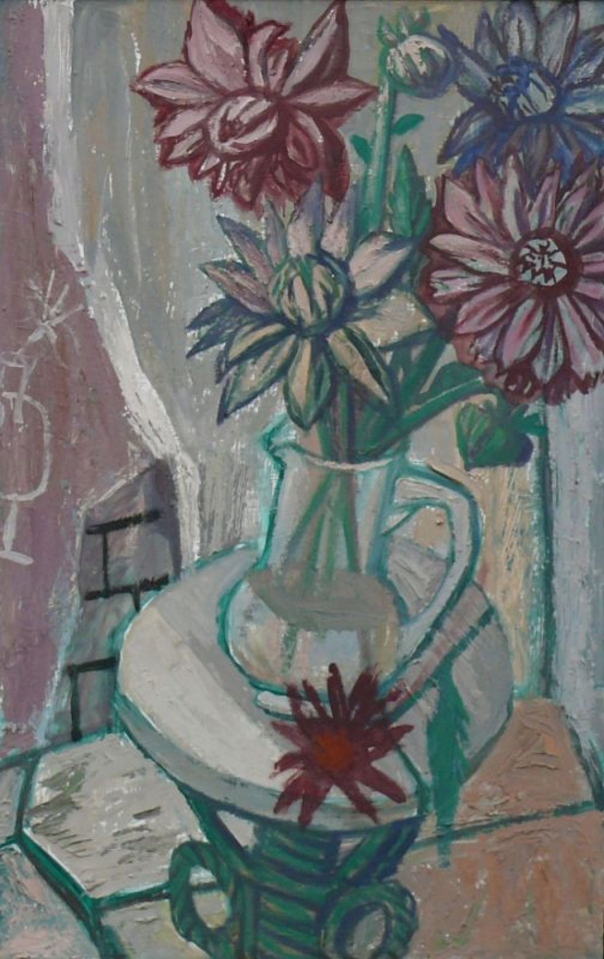 Hubbuch, Karl (1891 Karlsruhe - 1979)"Blumenstillleben" mit Dahlien in Glasvase auf einem Tisch; - Bild 2 aus 4